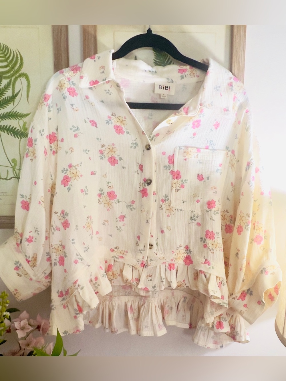 BiBi White Blouse with Pink Floral Print